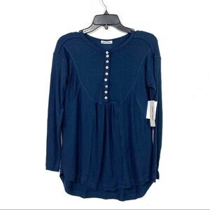 ⭐️ NEW Sweet Romeo Waffle Knit Oversized Henley Long Sleeve Size XS In Navy Blue